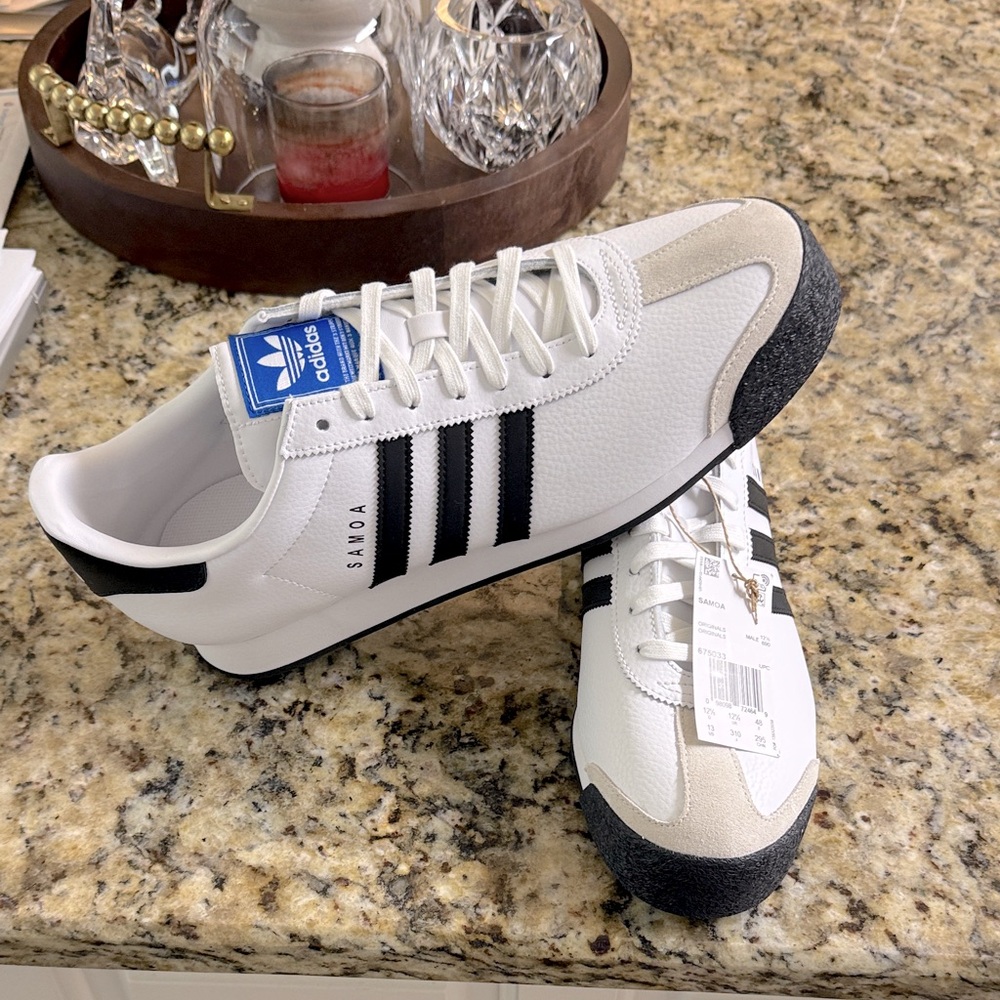 Adidas Men's Samoa White and Black Sneakers with Blue Accents - Picture 3 of 9